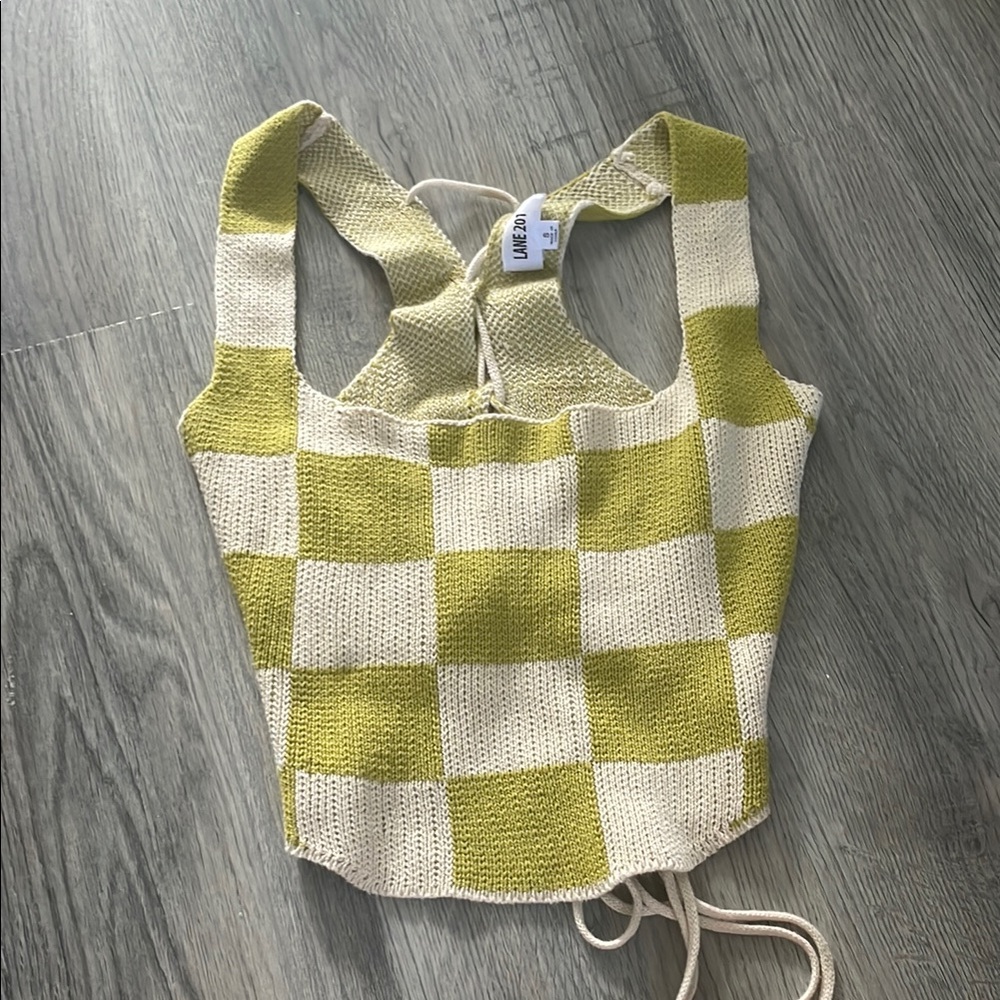Checkered Knit Crop Top in Green and Cream